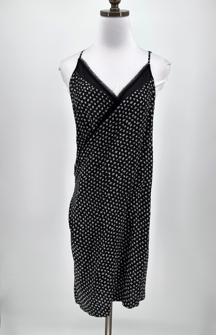 AllSaints Alize K Crush Black Silk V Neck Asymmetrical Faux Wrap Dress Sz 4